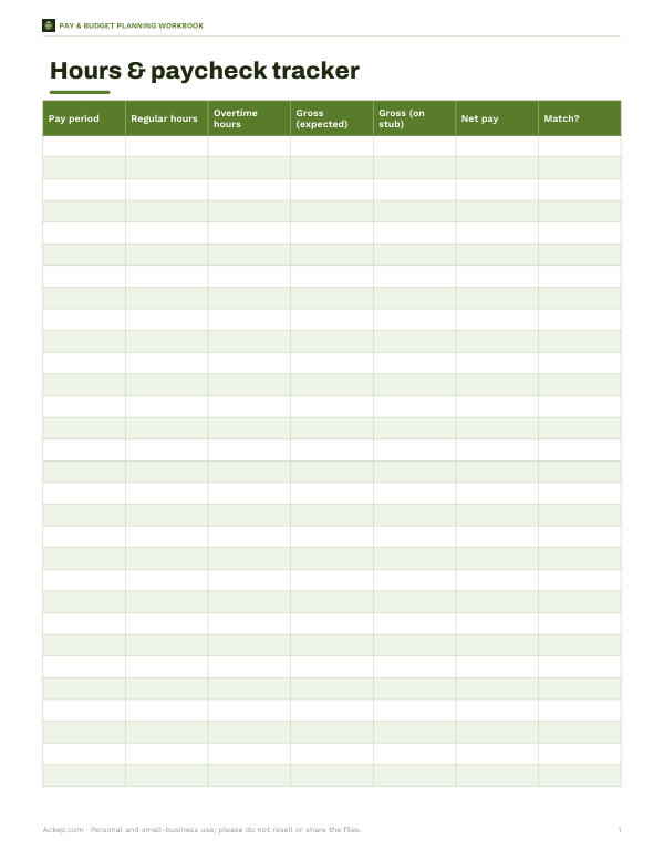 Preview of Printable Hours and Paycheck Tracker